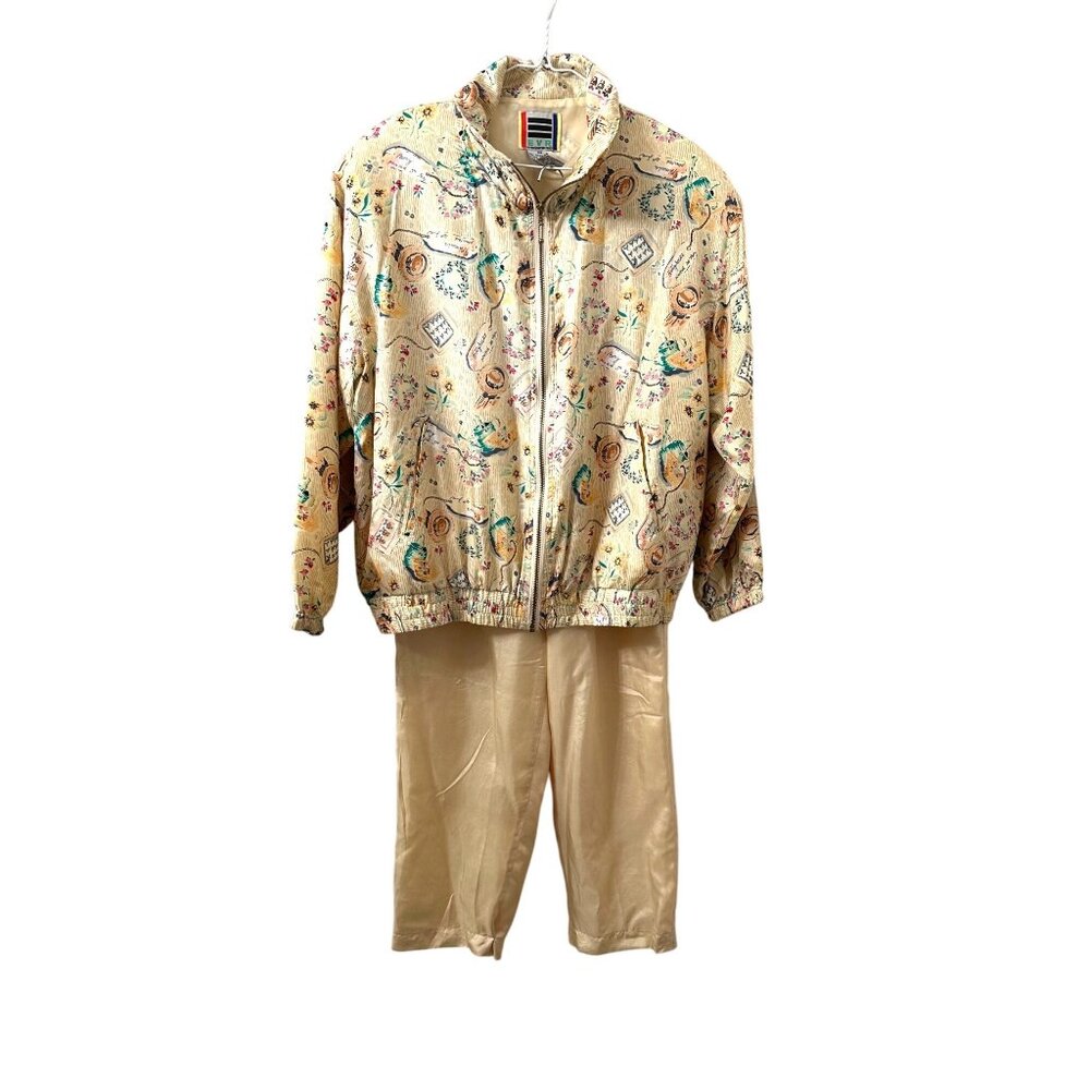 Vtg 80s Silk Jogger Track Suit Jacket & Pants EVR Hats Floral   Garden M  Retro